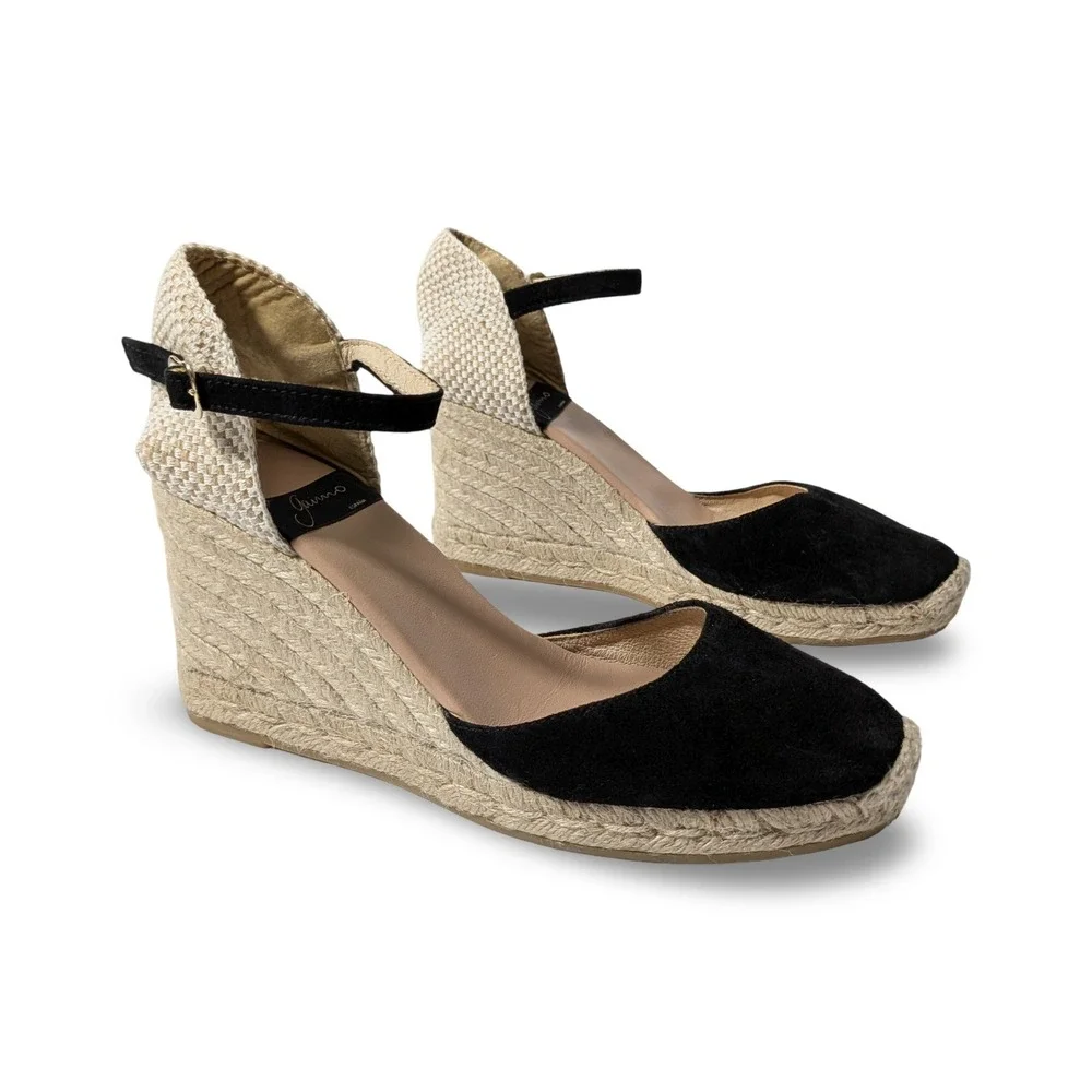 Gaimo Black Global Espadrille Wedge Suede Sandal Ankle Strap Boho Sz 40 US 9/9.5